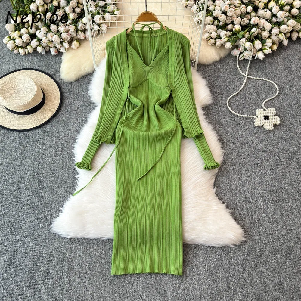 

Neploe Lace Up Flare Sleeve Knit Set Cardigan Mermaid Spice Girls Bodycon Robe High Waist French Fungus Halter Suit Sling Dress