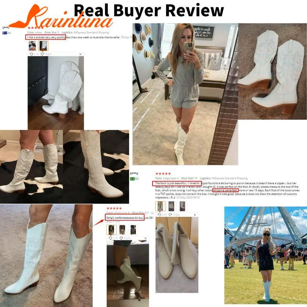 Women's Western Boots 2023 Autumn Winter Fashion Chunky Heeled Cowboy Boots Vintage Style Country Western Cowgirl White Boots images - 6