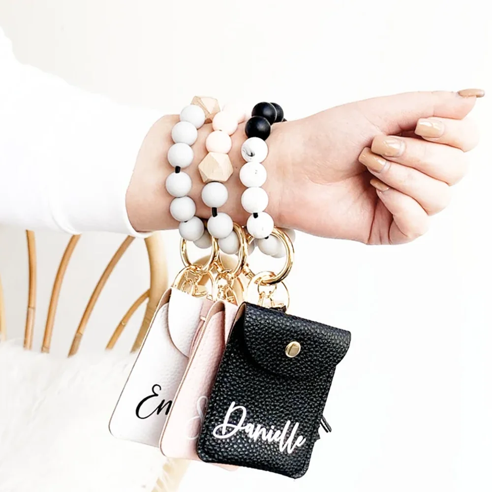 

Customized Personalized Fashion Silicone Bead Women's Bracelet Card Custom Leather Tassel Multi Card Slot Coin Purse Card Holder