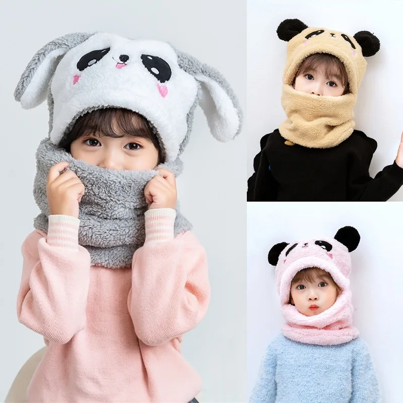 

Winter Cartoon Rabbit Coral Velvet Cap Plush Balaclava Kids Caps Double Fleece Baby Scarf Hat Children
