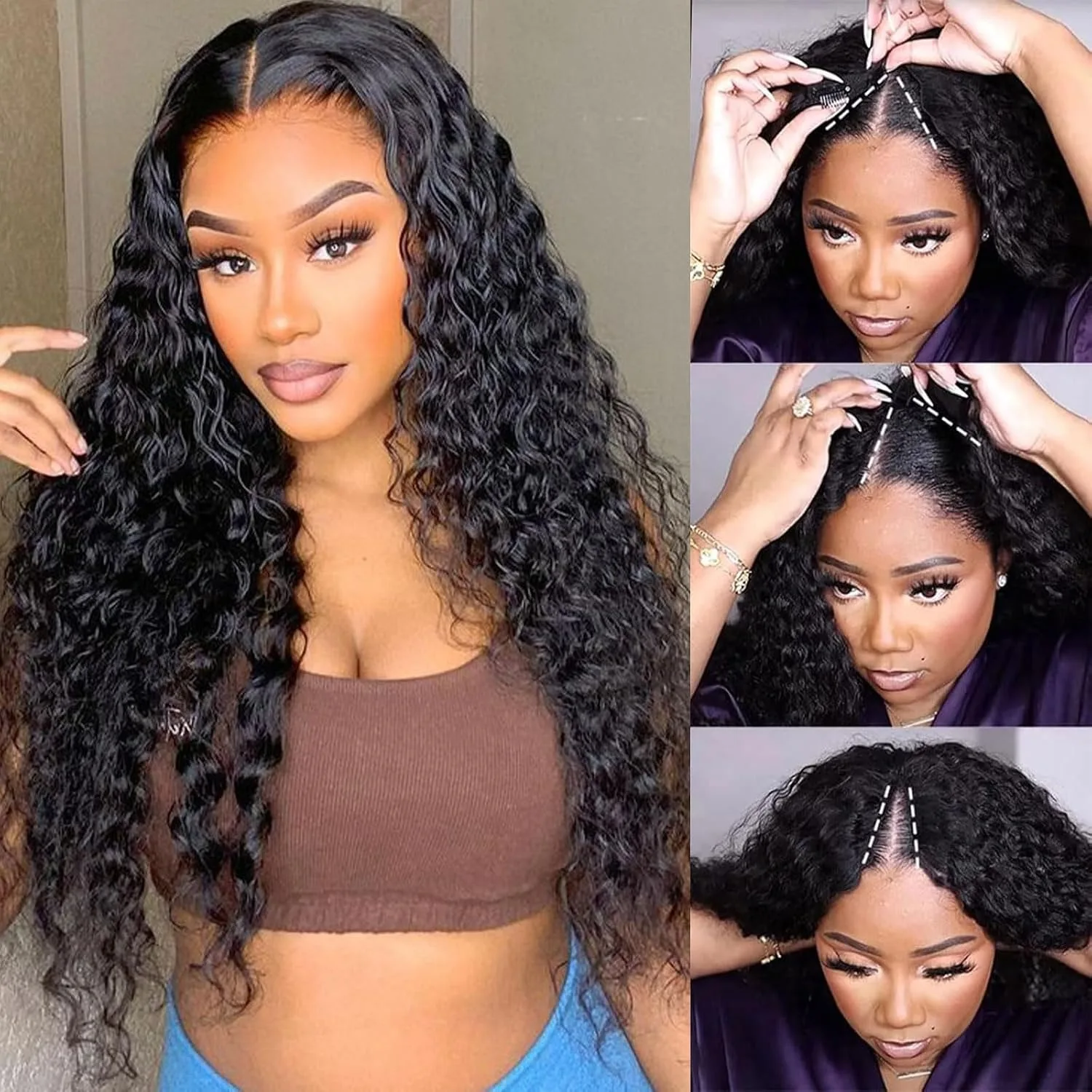 Deep Wave V Part Wig Human Hair 100% Human Hair Wigs with Drawstring Glueless Clip For Black Women Natural Black