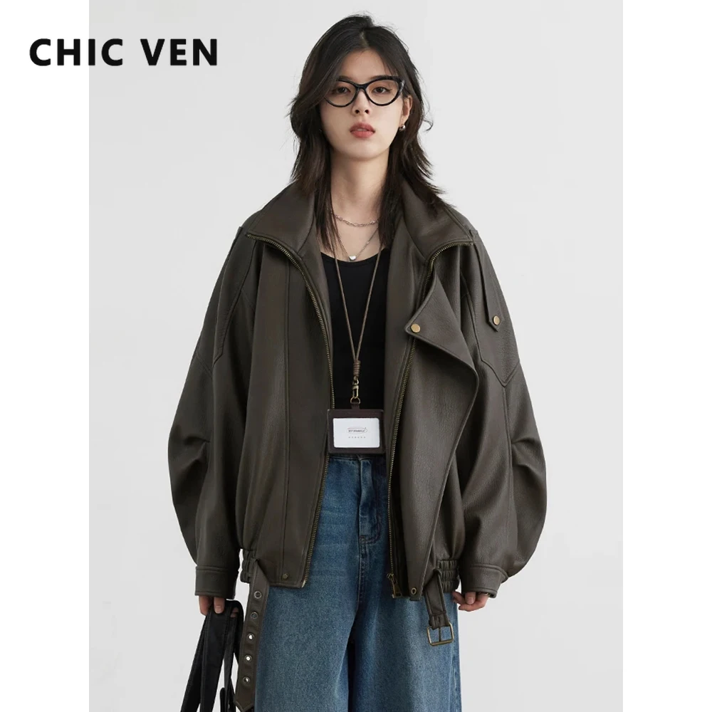 

CHIC VEN Fashion Women PU Jacket Loose Retro Motorcycle Faux Leather Quilted Thick Coat Female Overcoat Autumn Winter 2025