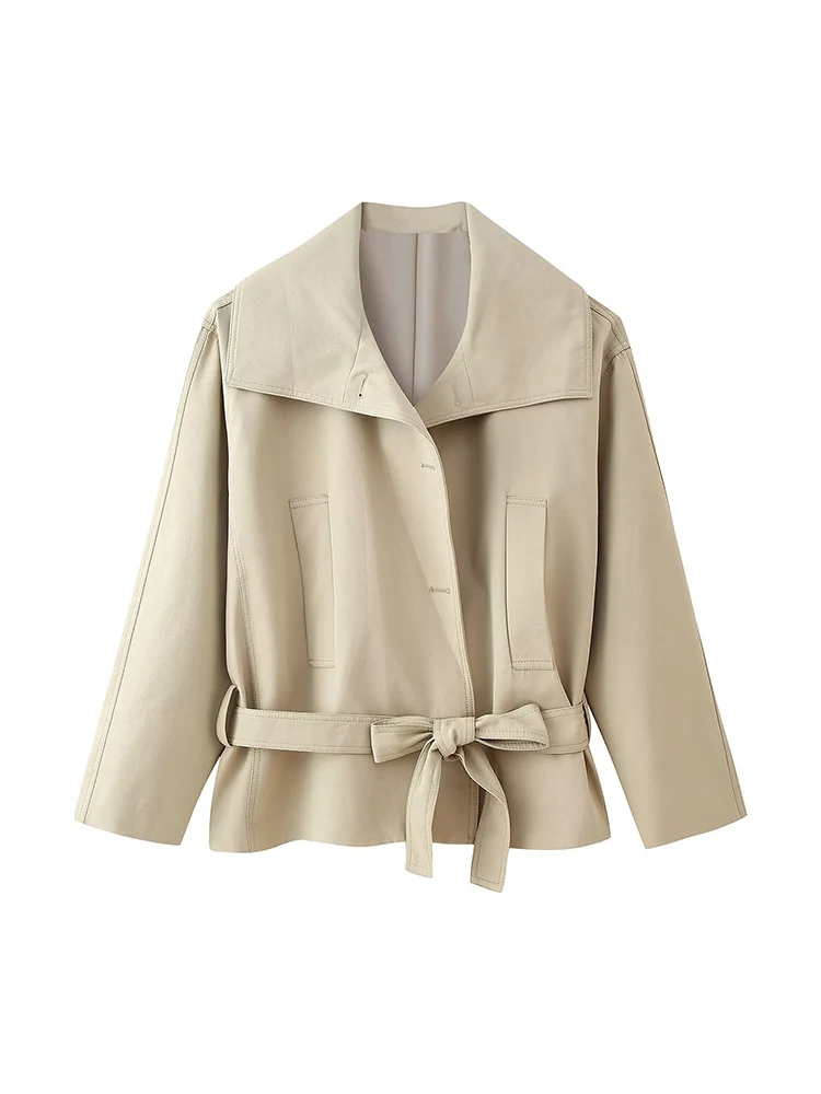 

European style new women's fashion versatile temperament simple solid color with belt windbreaker jacket