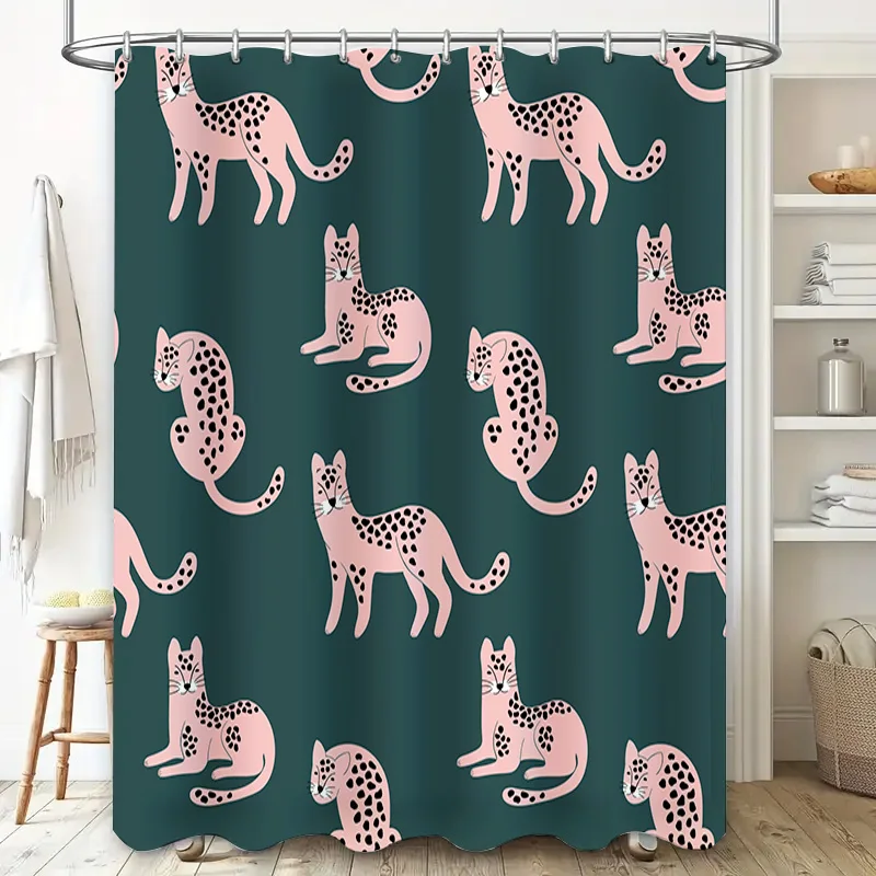 Pink Leopard Print Shower Curtain Set for Bathroom Decor Modern Green Background with Black Spots Cat Design Pattern Cover with view 2