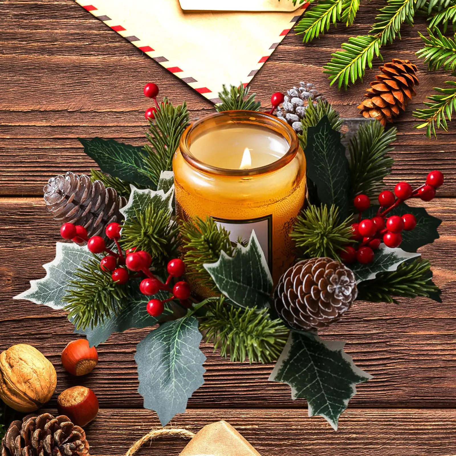Christmas Candle Ring Wreath Pine Needle Garland Decor Holiday Candlestick Holder for Wedding Dinner Thanksgiving Tealight
