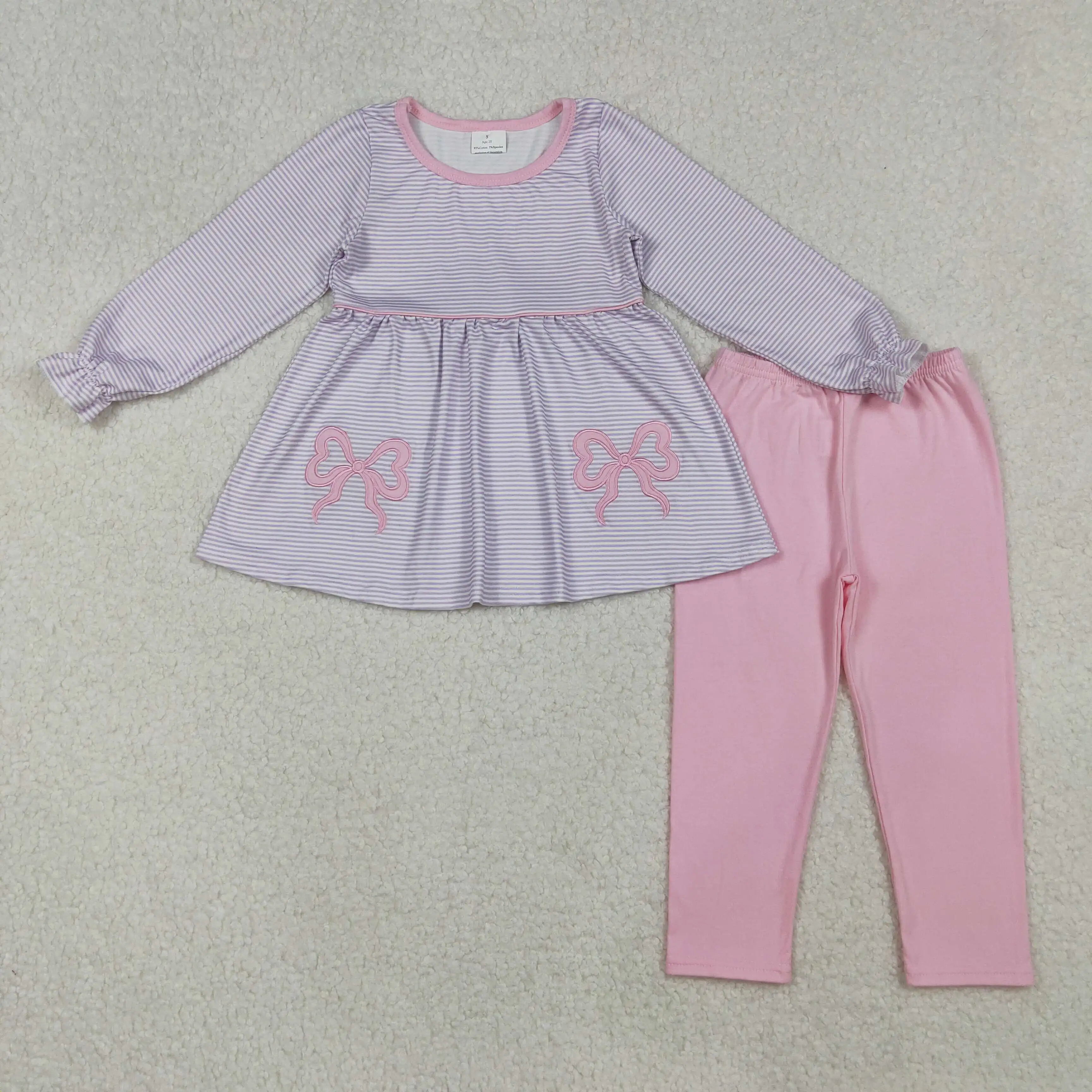 

X10.7 New winter children's girls' clothing embroidered pink bow purple striped long-sleeved trousers suit