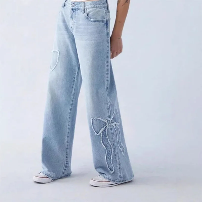 Embroidered side frayed butterfly jeans for women loose straight-leg pants for spring and autumn best-selling item