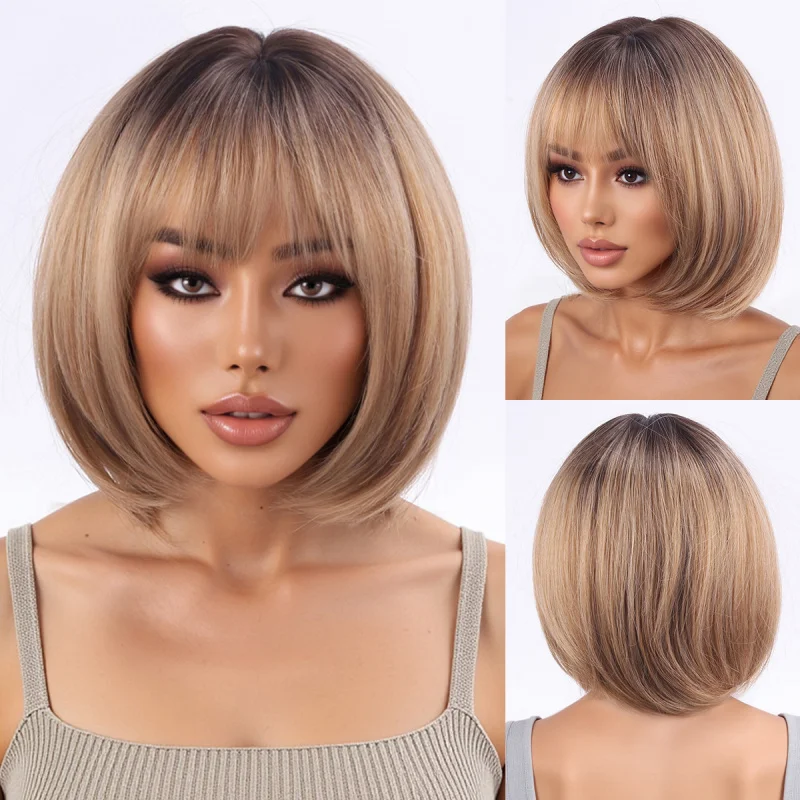

European and American short hair , bob style, light brown, fashionable, natural air bangs, stylish full head synthetic wig fo