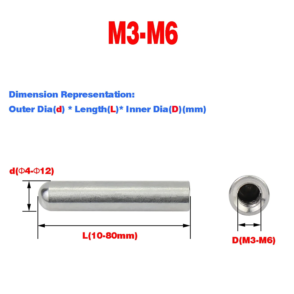 304 SS Internal Thread Round Head Cylindrical Pin Hollow Pin / Internal Tooth Positioning Pin M3M4M5M6