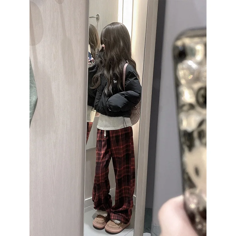 الأحمر منقوشة Fce اصطف واسعة الساق عارضة السراويل عالية الخصر مستقيم قطع الرياضة Sweatpants للنساء الخريف الشتاء فضفاضة تناسب