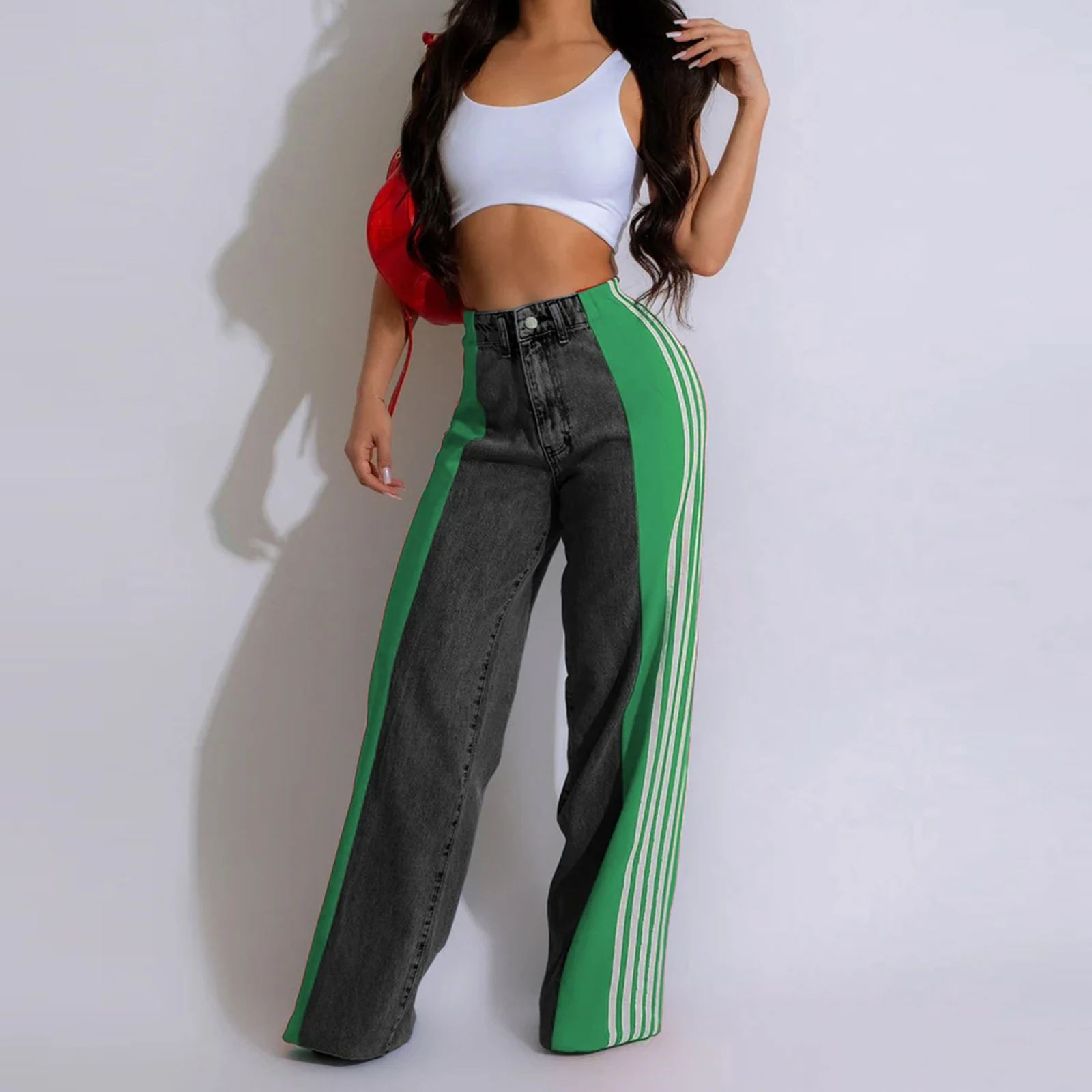 Combhasaki Damen Y2K Ästhetische Baggy-Jeans Lange Hose Knopf Hohe Taille Lose Weites Bein Seitlich Gestreifte Denim-Hose mit Taschen