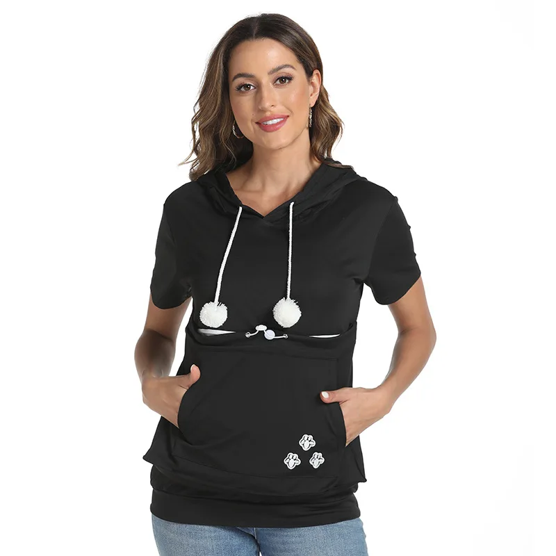 Cat Lovers T shirt Large Pocket Short-sleeved Hooded T-shirt Fashion Loose Pocket Top Hoodie Can Hold Cats