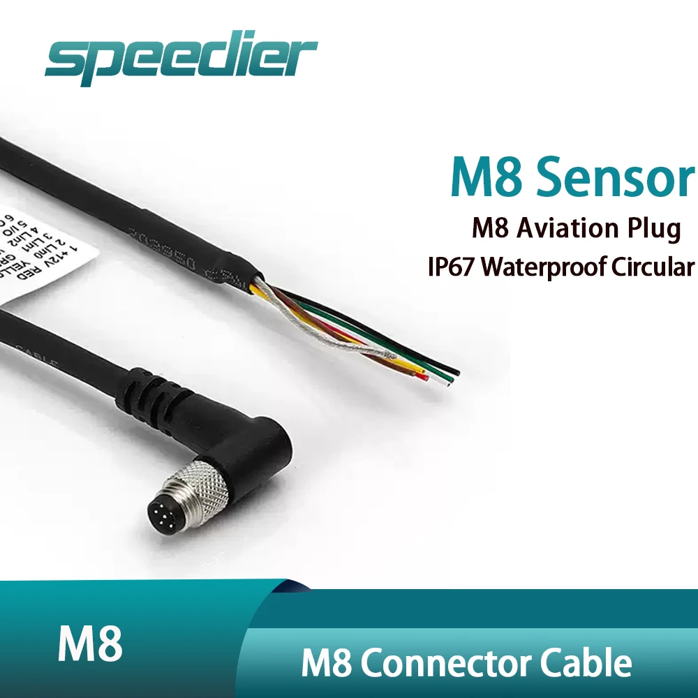 M8 Overmolded Connector Cable Straight / Angle 3 4 5 6 8 Pin IP67 Waterproof Shielded Aviation Plug Industrial Sensor Harness