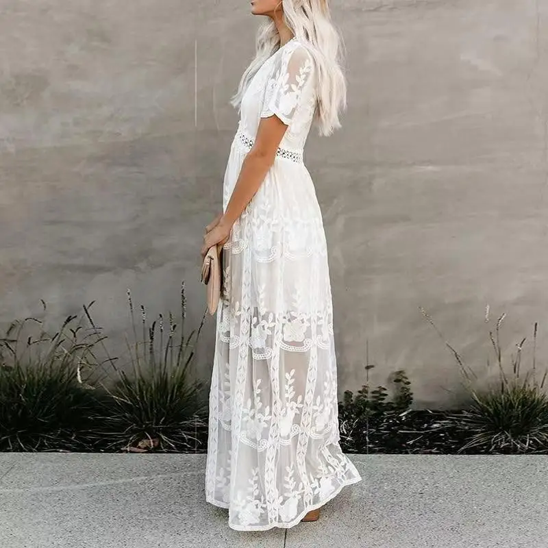 Women\'s Dress White Lace Hollow Out Cotton Sundress Lace Sleeveless Long Splicing Summer Party Elegant Evening Woman Clothes