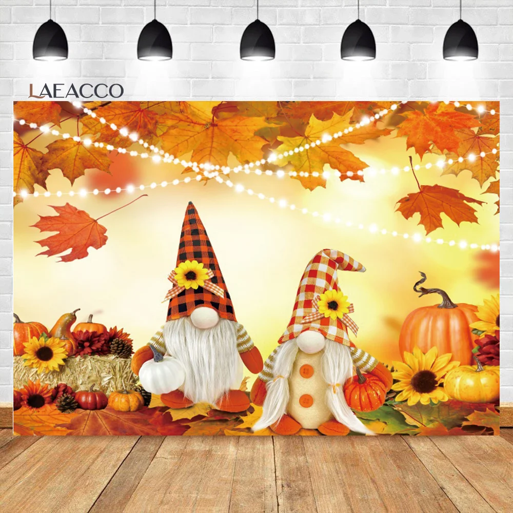 

Laeacco Autumn Thanksgiving Harvest Photo Background Fall Pumpkin Goblin Maple Leaves Family Party Portrait Photography Backdrop