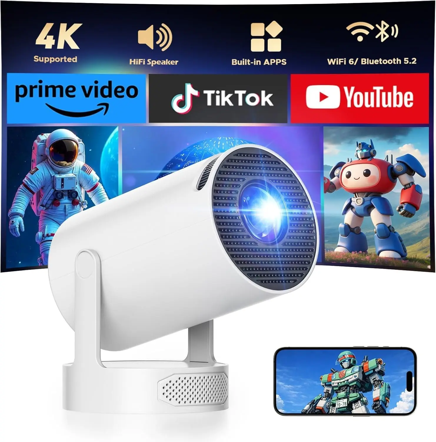 

Mini Projector with Bluetooth and WiFi, 200 ANSI Lumens 4K Portable Auto Focus/Keystone for Home Outdoor Movie