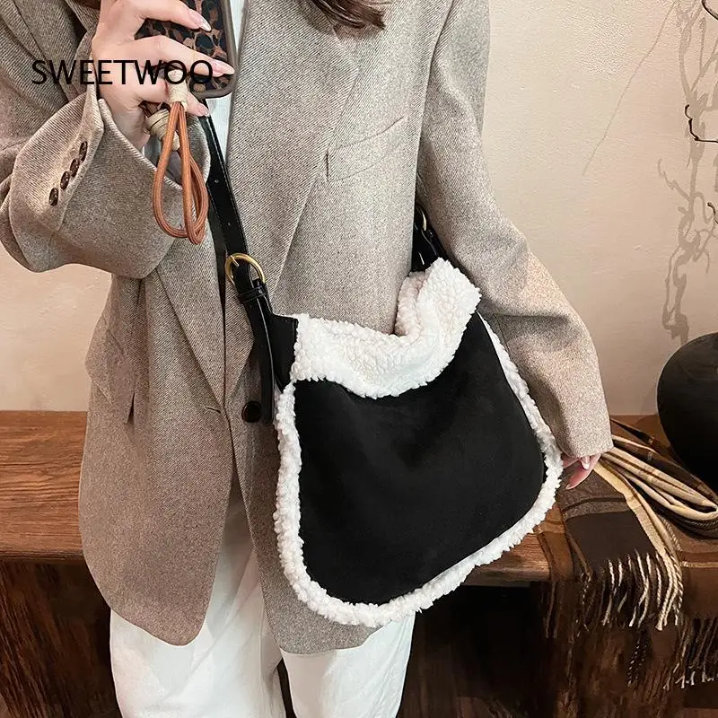 Suede Hobo Shoulder Bag Women Fuzzy Fleece Trim Adjustable Faux Leather Strap Soft Large Casual Daily Tote Handbag