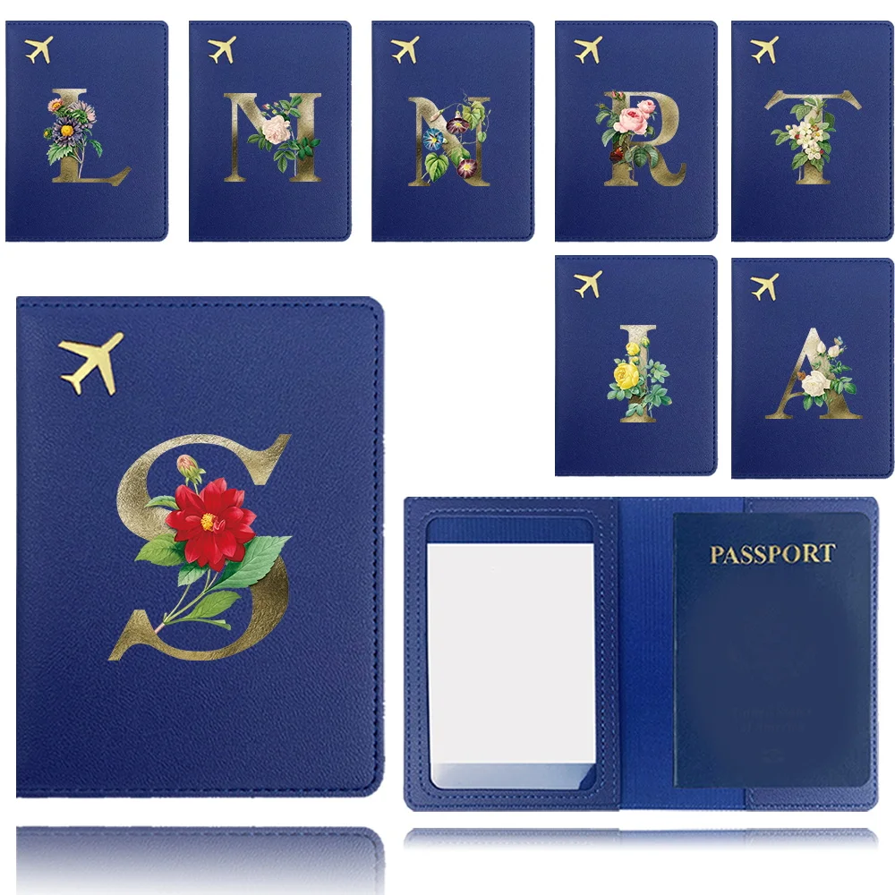 

Passport Cover Airplane Pu Passport Case Pocket Business Passport Clip Bank Card Organizer Cover Golden Flower Letter Pattern