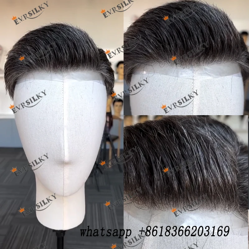 Super Natural Hairline 0.02mm durevole sottile pelle Base uomini parrucchino 80% densità grigio maschio sistema di capelli umani protesi capillare