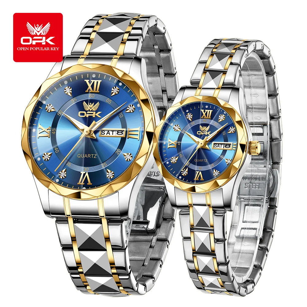 OPK Couple Watches 6023cp Trend Fashion Original Quartz Watch for Lover Rhombus Texture Strap Double Scale Waterproof Date Week