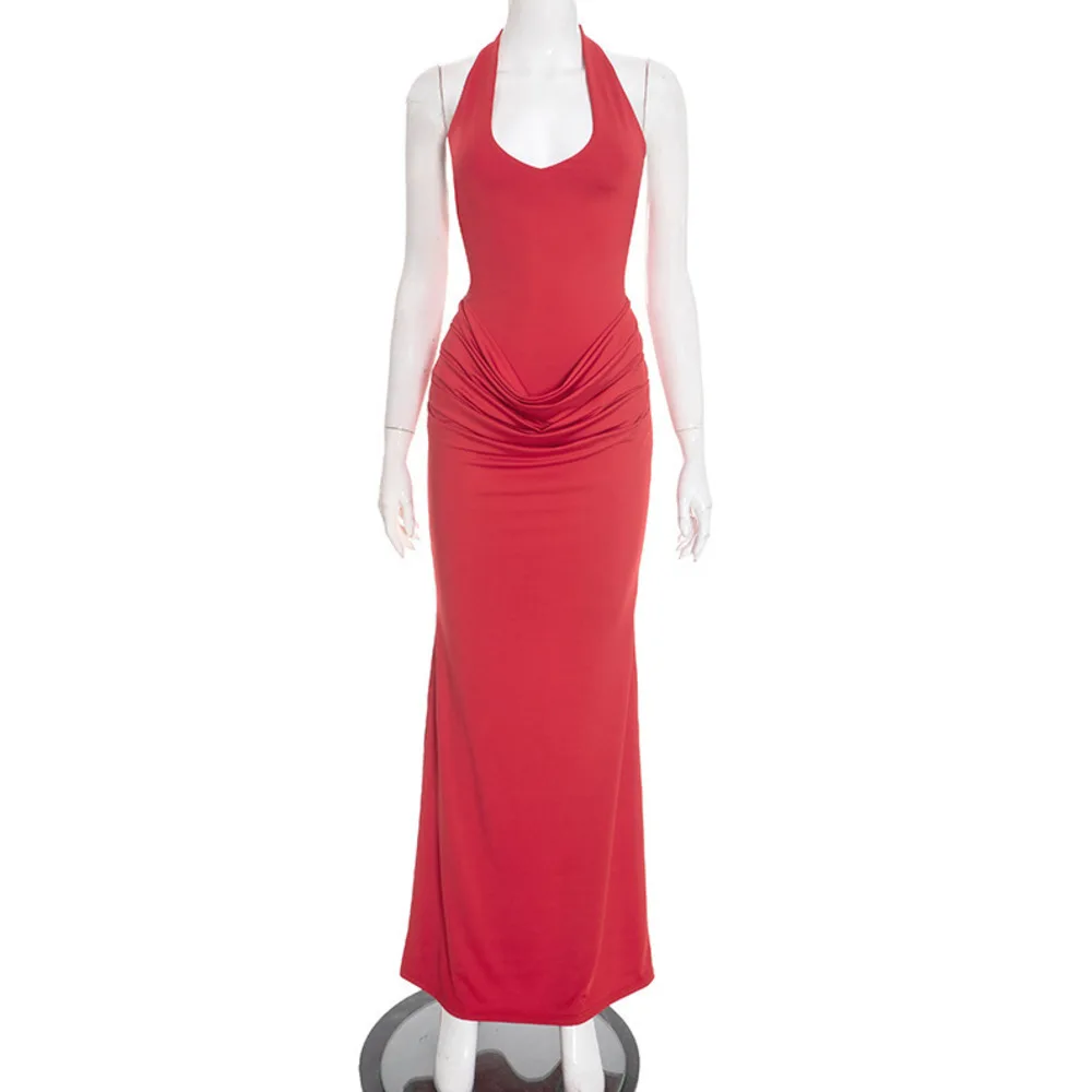 Blifanbo الرسن عارية الذراعين ثنيات فستان ماكسي المرأة ثوب مثير أكمام Bodycon الدانتيل متابعة موضة مثير نادي حفلة فستان طويل أنيق