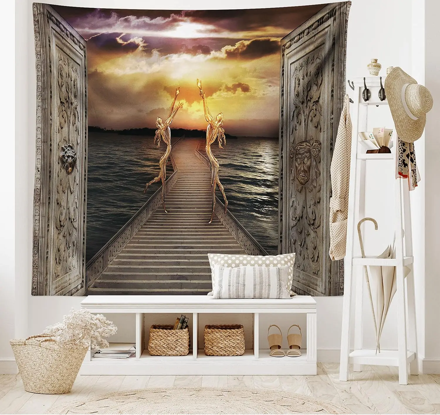 Fantasy Ocean Sunset Tapestry, Vintage Stone Bridge Wall Art with Golden Statues & Cloudy Sky for Bohemian Home Aesthetic