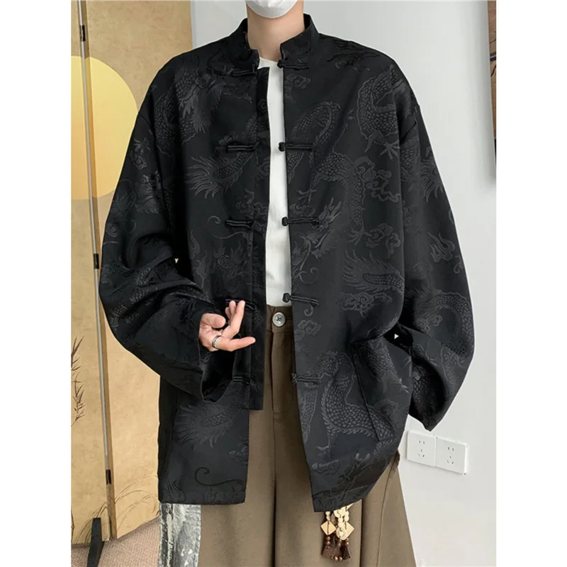 

Уличная одежда Hanfu с длинными рукавами, одежда Тан, мужские топы в стиле хип-хоп, готические топы, жаккардовая рубашка с драконом в китайском стиле, атласные блузки в стиле Харадзюку