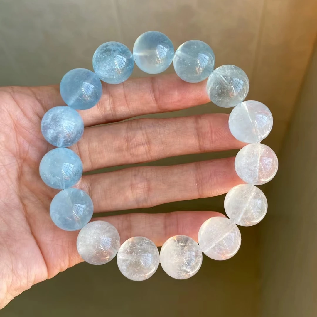 

Natural Blue White Aquamarine Quartz Bracelet 15mm Clear Round Beads Colorful Aquamarine Gemstone Wealthy Women Men AAAAAAA