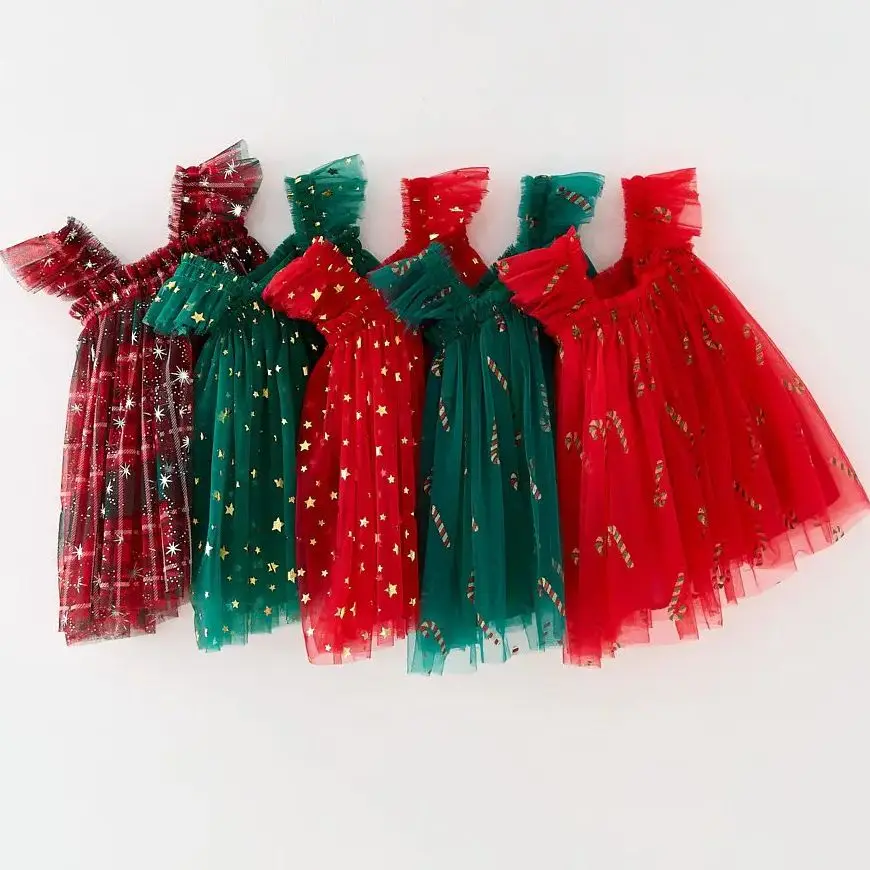 

Sweet Girls Sleeveless Sequins Plaid Tulle Red Dress For Kids Christmas Birthday Formal Evening Elegant Party New Year Outfit