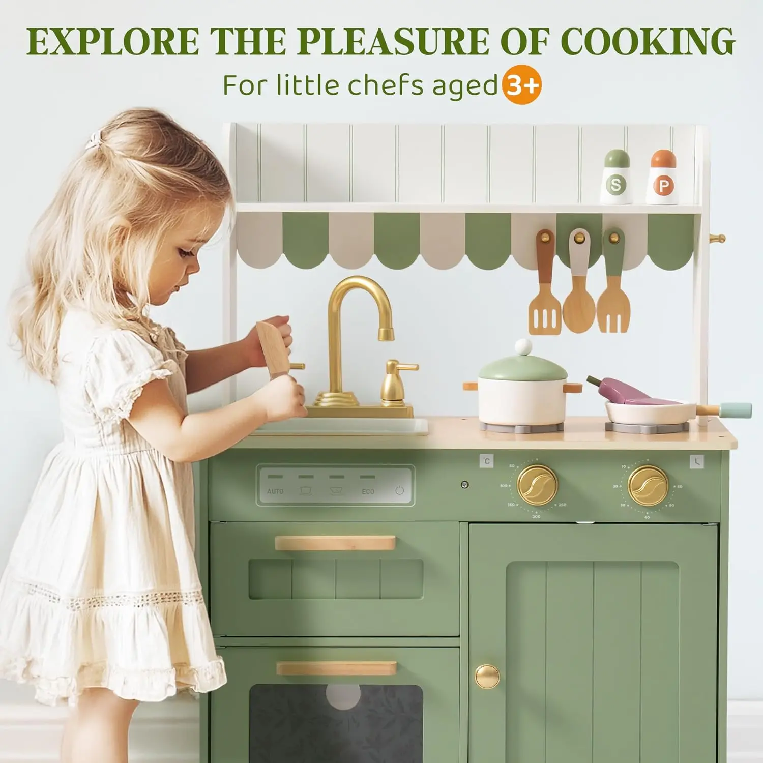 Set da cucina in legno per bambini, Set di giocattoli da cucina finta con rubinetto dorato, lavello, forno, fornello, armadio, stile Vintage, Gi
