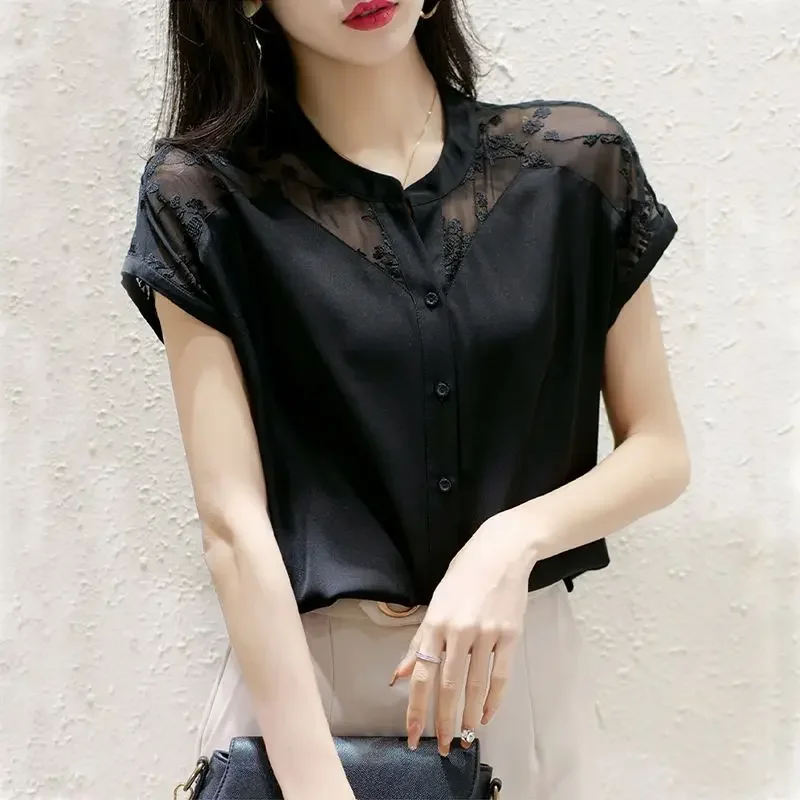 Elegant O-Neck Button Spliced Gauze Lace Embroidery Shirt Women's Clothing Summer New Casual Tops Loose Office Lady Blouse A729