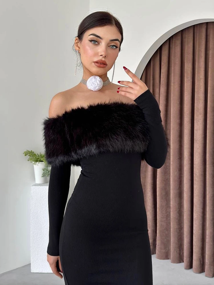 

Elegant Off-Shoulder Faux Fur Trim Midi Bandage Dress – Black Long Sleeve Winter Cocktail Party Date Nights Gown