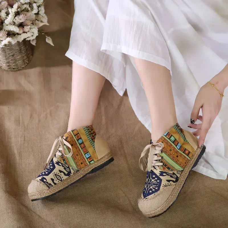 Women Shoes Boho Cotton Linen Canvas Single National Woven Round Toe Lace Up Cloth Shoes Woman Flats