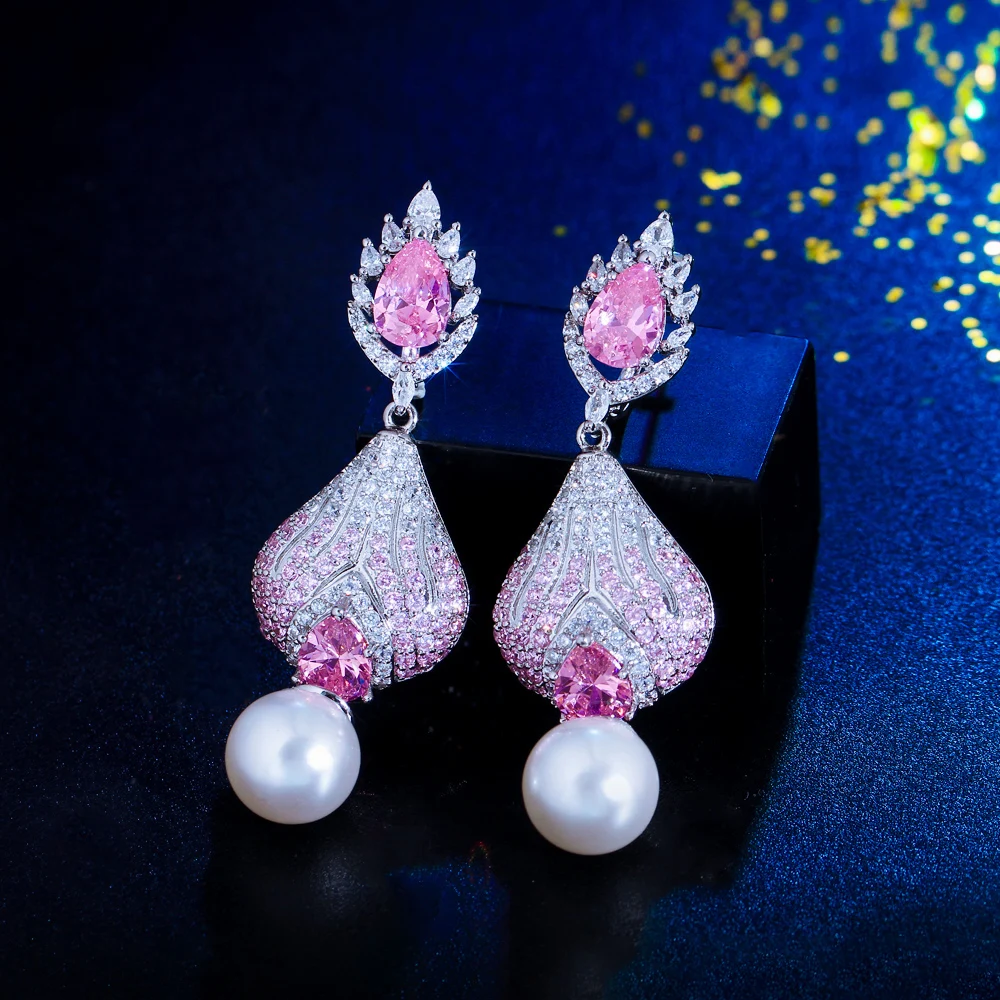 CWWZircons Luxury Chunky Pink Cubic Zirconia Pave Long Dangle Drop Pearl Huggie Earrings for Women Festival Party Jewelry CZ976