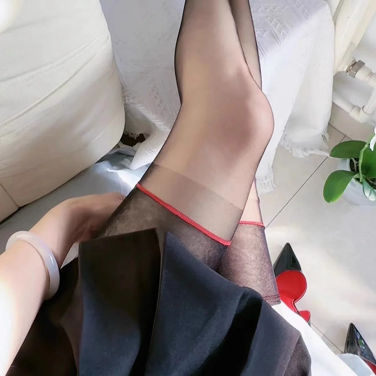 Contrast Color Lightweight Breathable Thigh High Stockings Women Foot Shaped Silky Touch Non-elastic Stockings For Sexy Lingerie