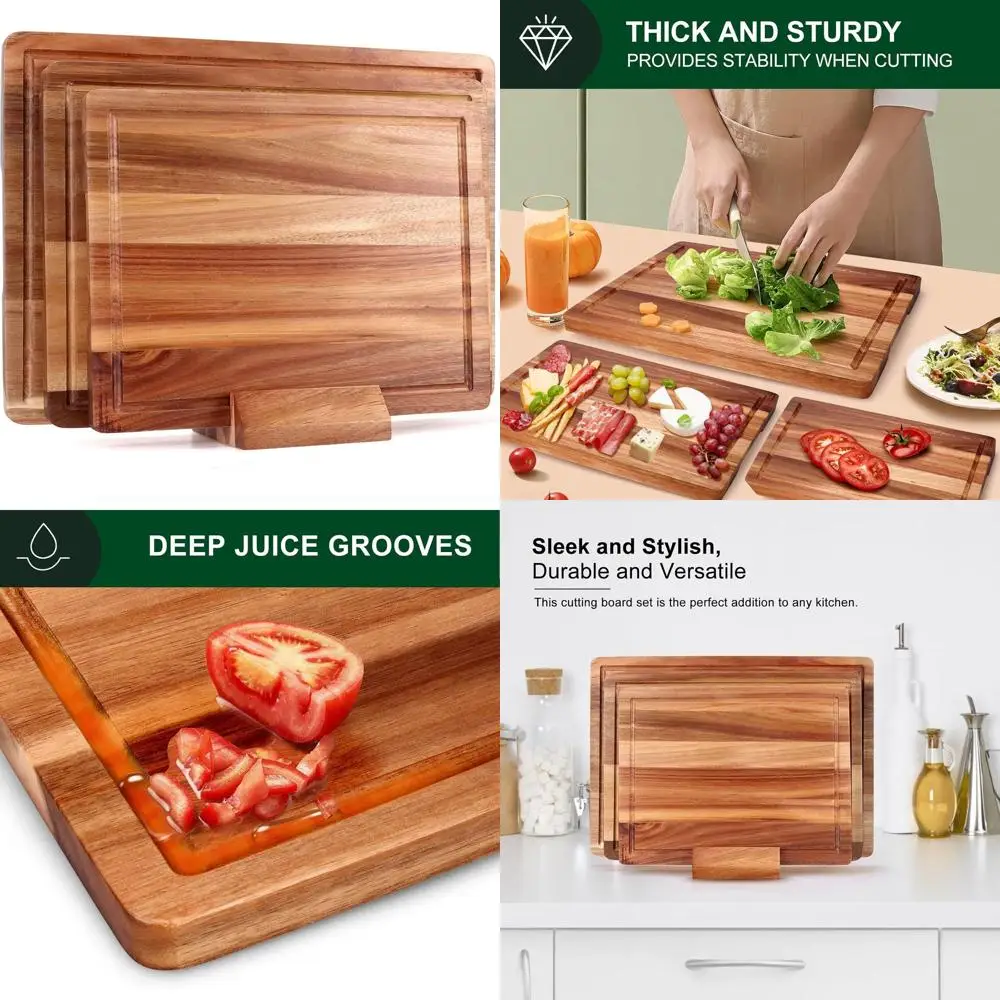 

Acacia Wood Cutting Board Set, 3-Piece, Wooden Chopping Boards with Holder, Fruit, Cheese, Meat, Carving Boards for Kitchen Use