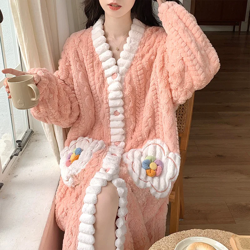 

Warm Flannel Homewear Simple Leisure Loungewear Cozy Robe Women College Thick Loose Winter Nightdress V-Neck Feminino Nightgown