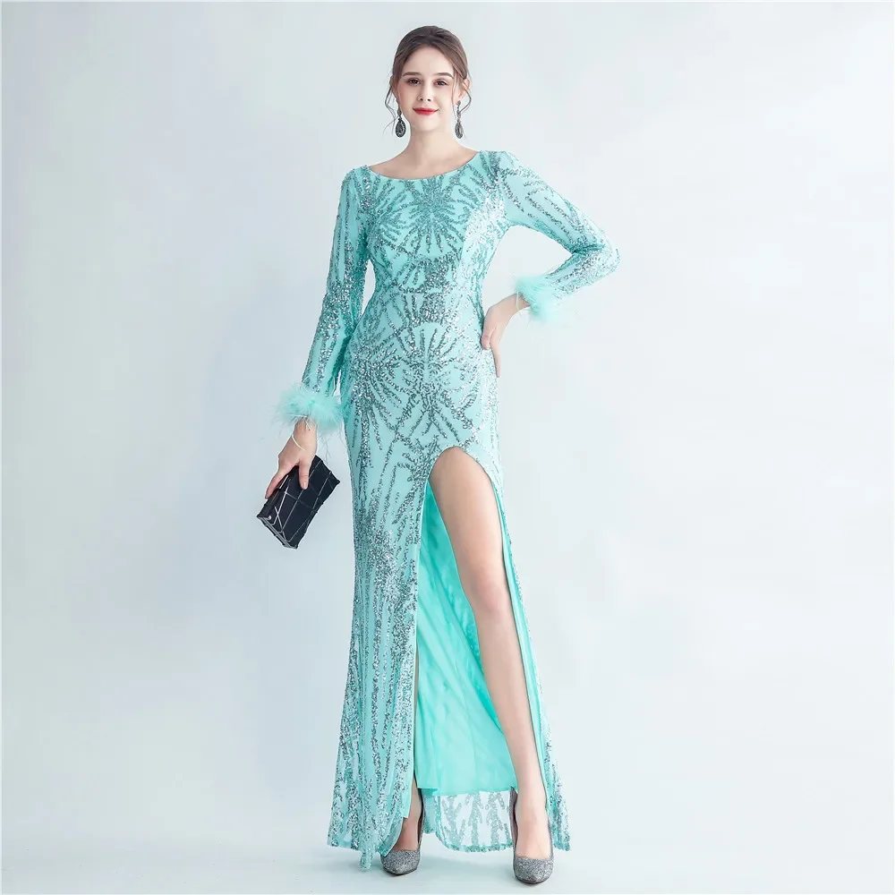 Luxury Elegant with A Bling and Feathers Women Long Dresses Split Sequin Glitter Evening Wedding Guest Special Events Formal