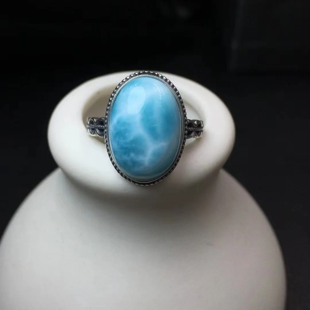 

1 Pc Fengbaowu Natural Dominican Republic Larimar Ring Oval Cabochon 925 Sterling Silver Reiki Healing Stone Jewelry Gift Women