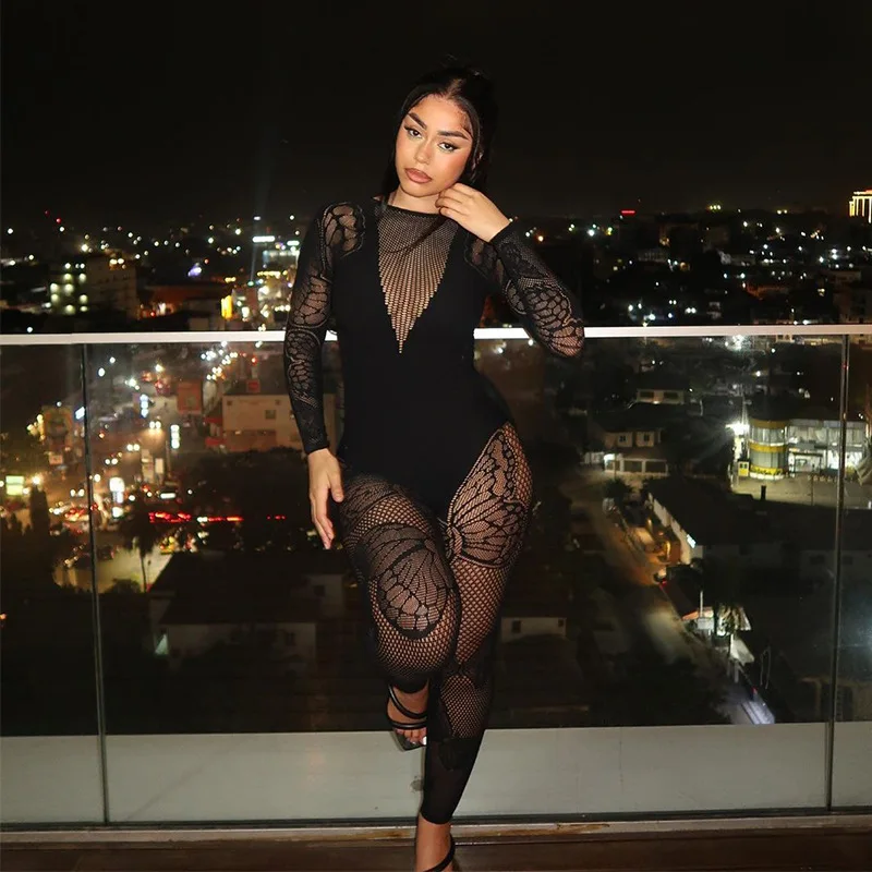 

Butterfly Knit Jumpsuit Black Hollow Out See Through Long Jumpsuits Women Pants Sexy Women Nightwear Night Club Outfits Female