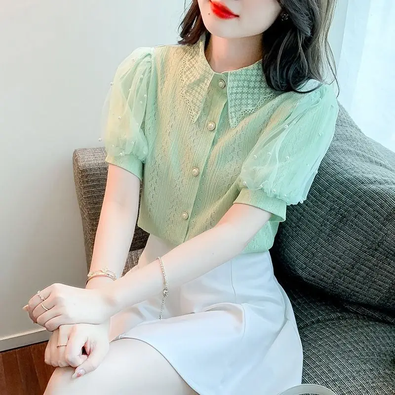 Fashion Korean Pearl Puff Sleeve Blouse Sweet Cute Peter Pan Collar Summer New Chiffon Shirts Top Fashion Elegant Womens Clothes