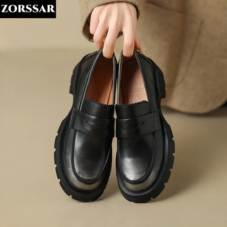 Ladies British Style Leather Shoes 2024 Spring Black Muffin Student Single Shoes Retro All-match One Pedal Loafer Women Shoes