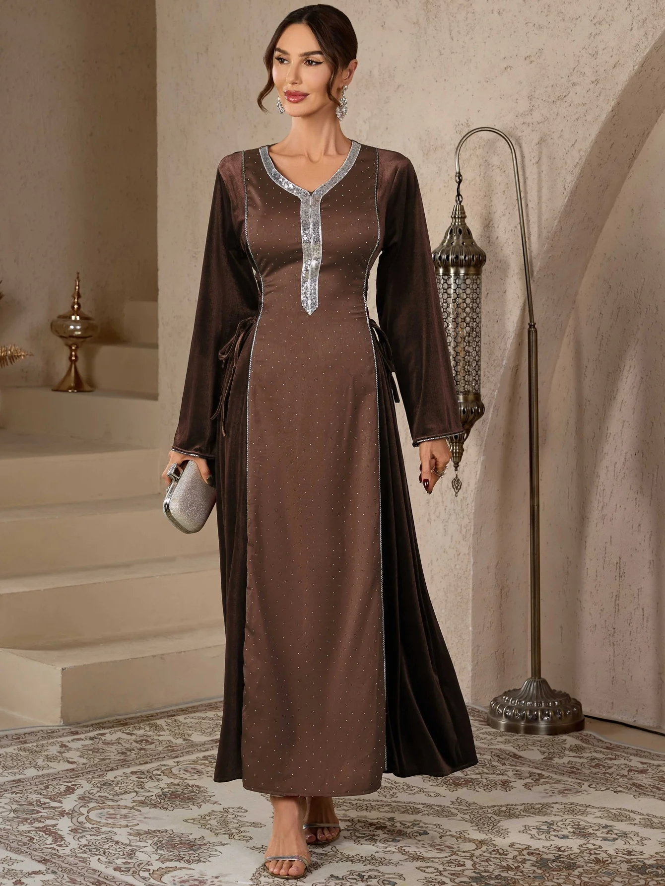 Middle East Faion Diamond Studded Long Sve Waist Cinched Dr Lace up Gown High Waist a Line Skirt for Date And Daily Wear