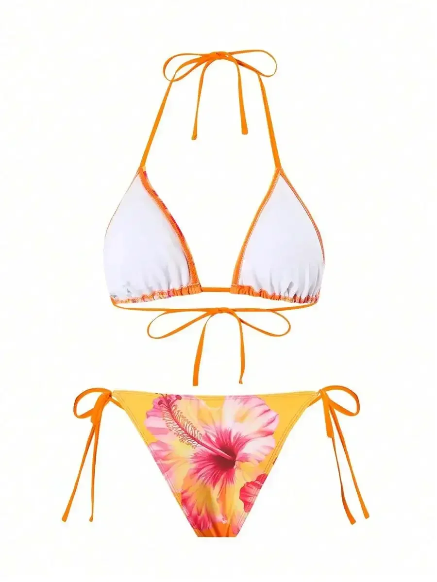 

Floral Triangle Bikini Set With Tie Side Bottoms Womens Beach Swimwear