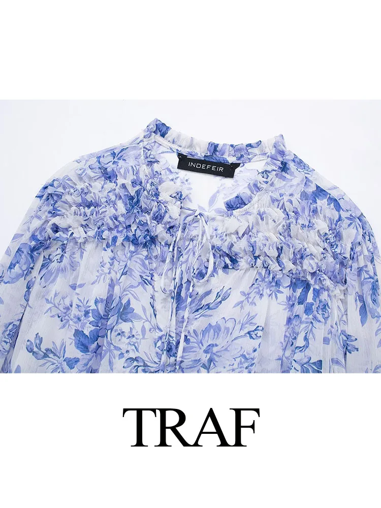 TRAF Spring Female New Chic Casual Ruffled Floral Print Single Breasted Blouse Woman Long Sleeve Lace Up Decoration Shirts