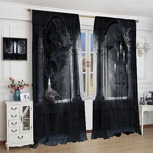 Gothic Blackout Curtains, Vintage Castle Skull Candlesticks Halloween Retro Horror Spider Web Skeleton Print Window Treatments