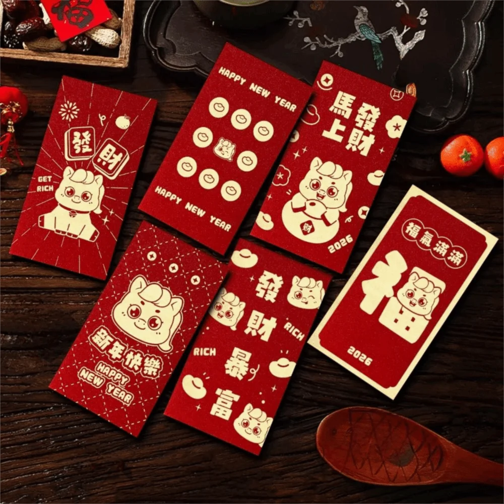 

6Pcs/Set Retro 2026 Horse Year Red Envelope Traditional Paper Cartoon Money Envelope Blessings Printing The Year of The Horse
