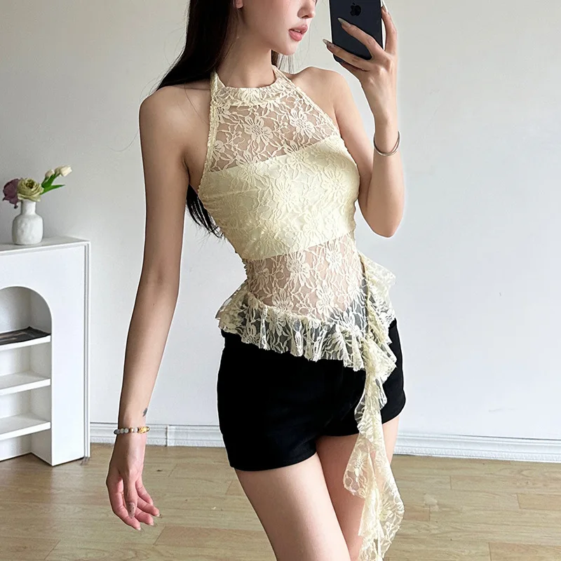 2024 Summer New Europe and the United States Style Women's Clothing Round Neck Hanging Hollow Back Irregular Side Tank Tops