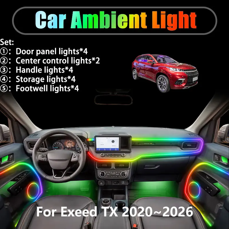

For Exeed TX 2020~2026 M31T 2/18 in 1 Car ambient lighting Led trunk interior led lights USB RGB Ensemble Streamer Auto Parts