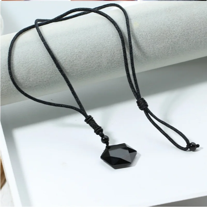 Natural Obsidian Hexagram Pendant Necklace Men's and Women's Crystal Power Stone Sweater Chain Pendant Jewelry Gift